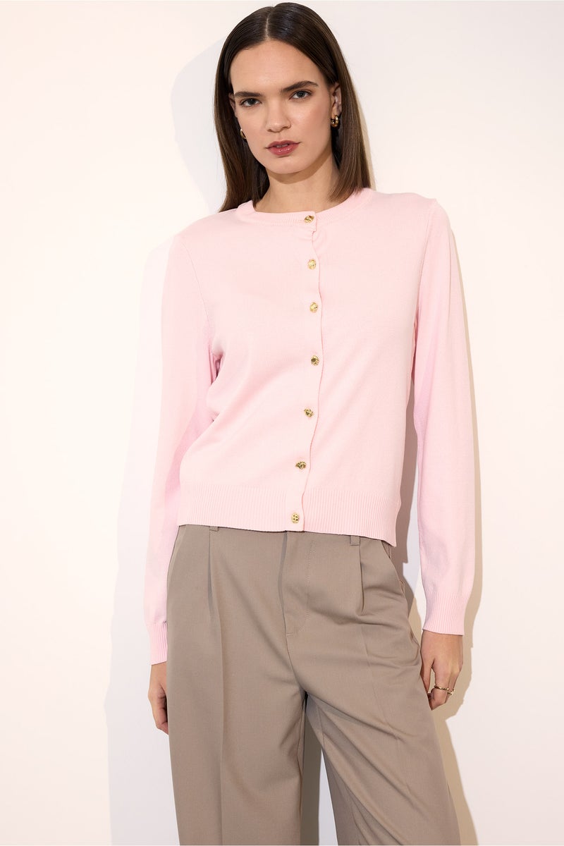 DeFacto Pink Woman Regular Fit Crew Neck Knitwear Cardigan Casual - Image 3